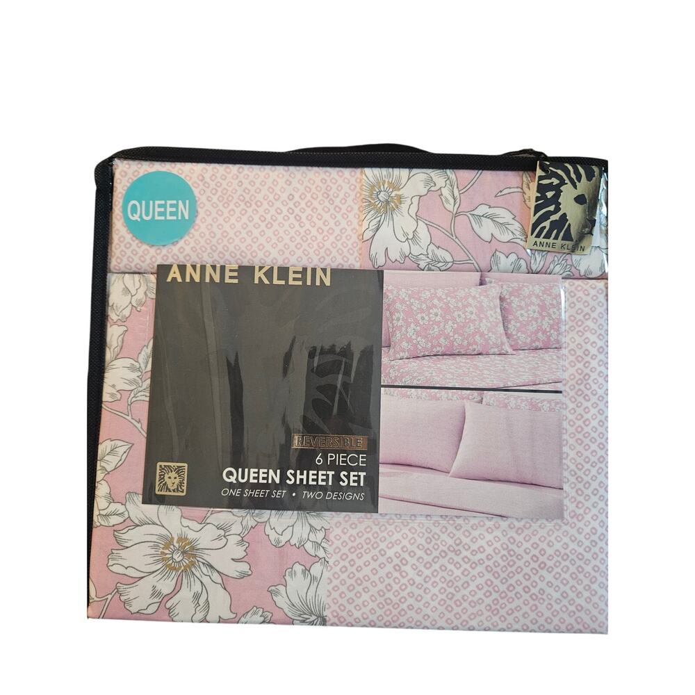 Anne Klein queen size 6-piece reversible sheet set Pink Floral Spots Spotted NIP